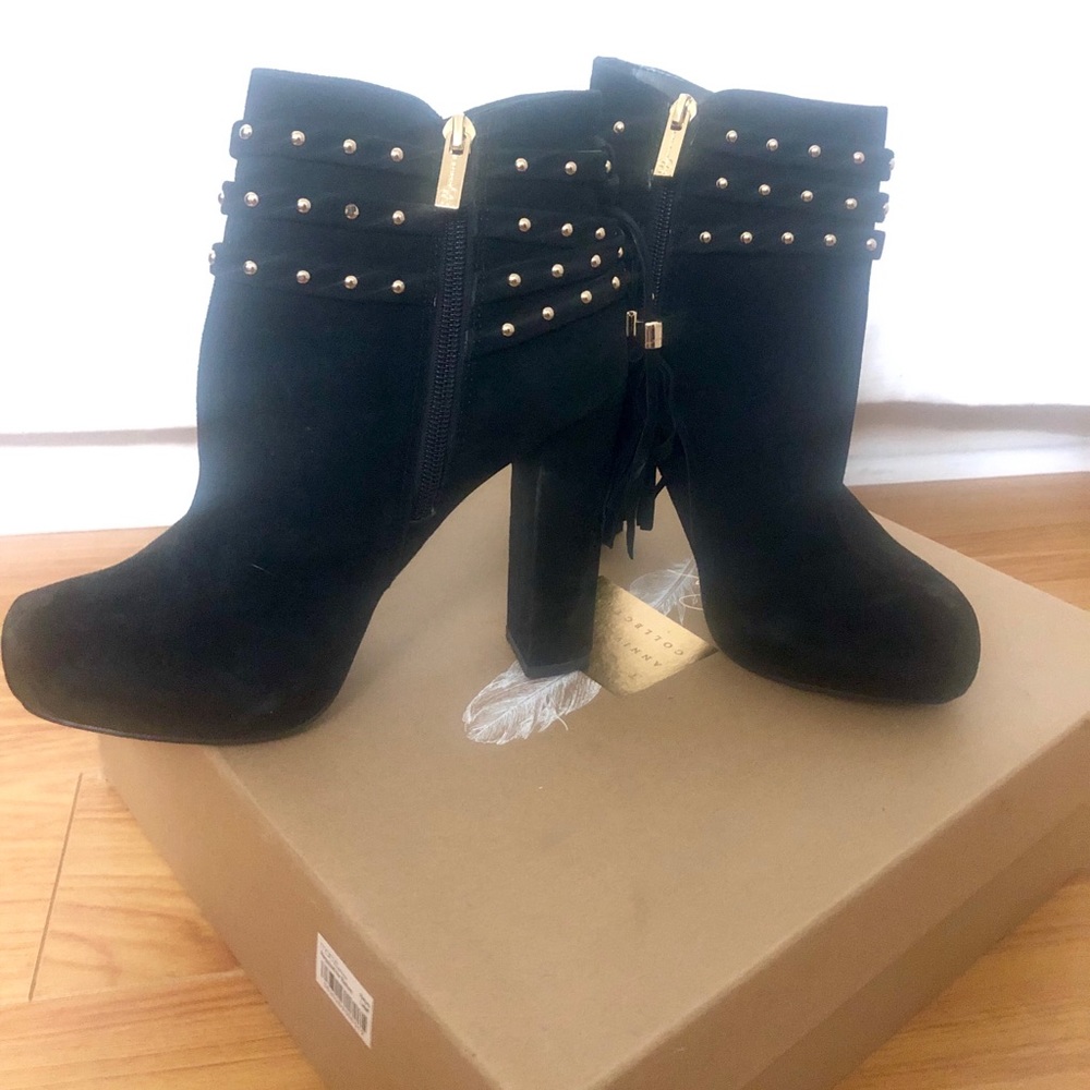Black Suede Studded Tassel Ankle Booties